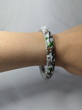 Extra Large White Cloisonné Enamel Bangle Bracelet with Green and Red Accents